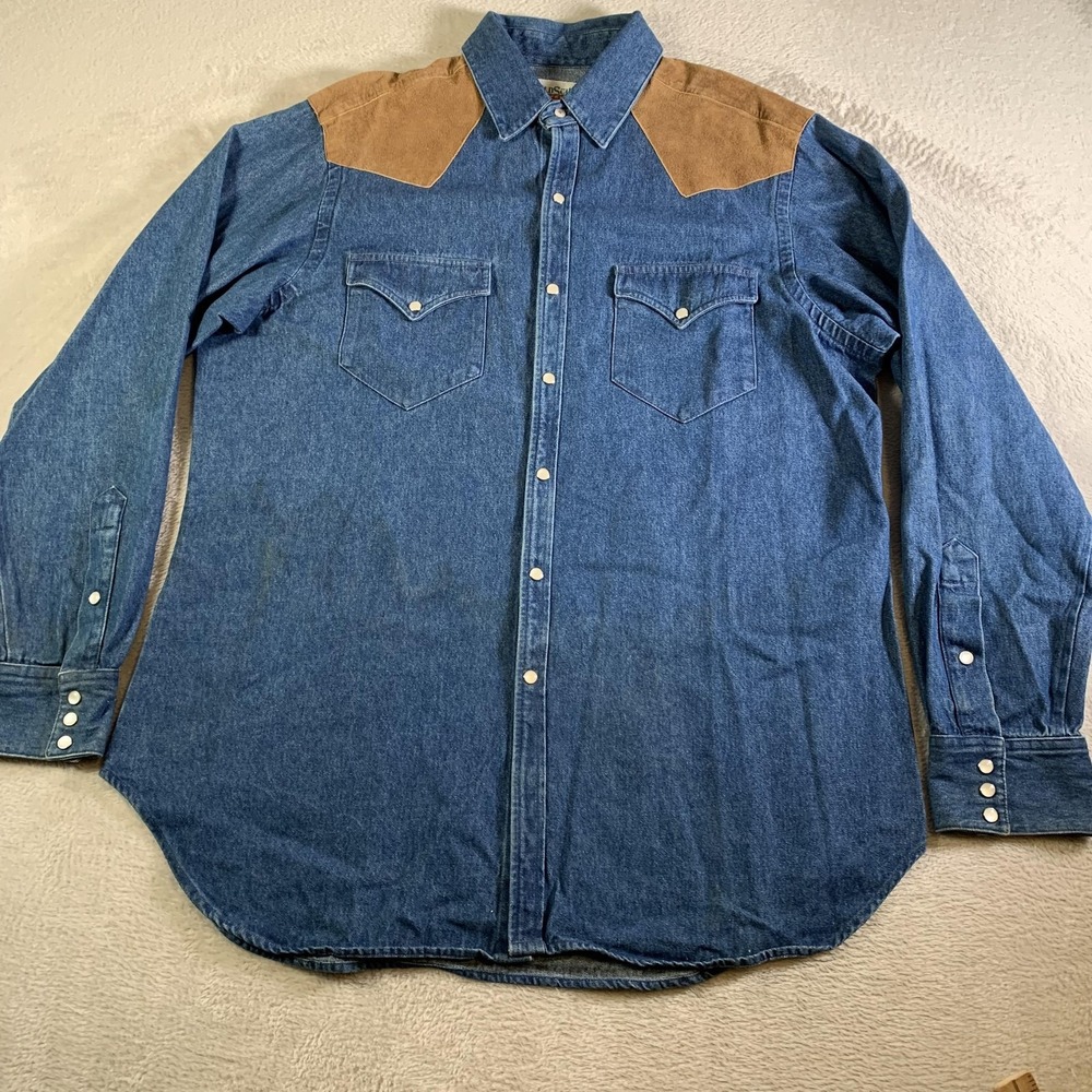 Vintage Old School Clothing Shirt XL Denim Western Suede Yoke Pearl Snap FLAWS